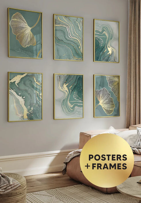 Set Of 6 Posters Mint Agate Real Gold + 6 Gold Metallic Frames 50x70cm